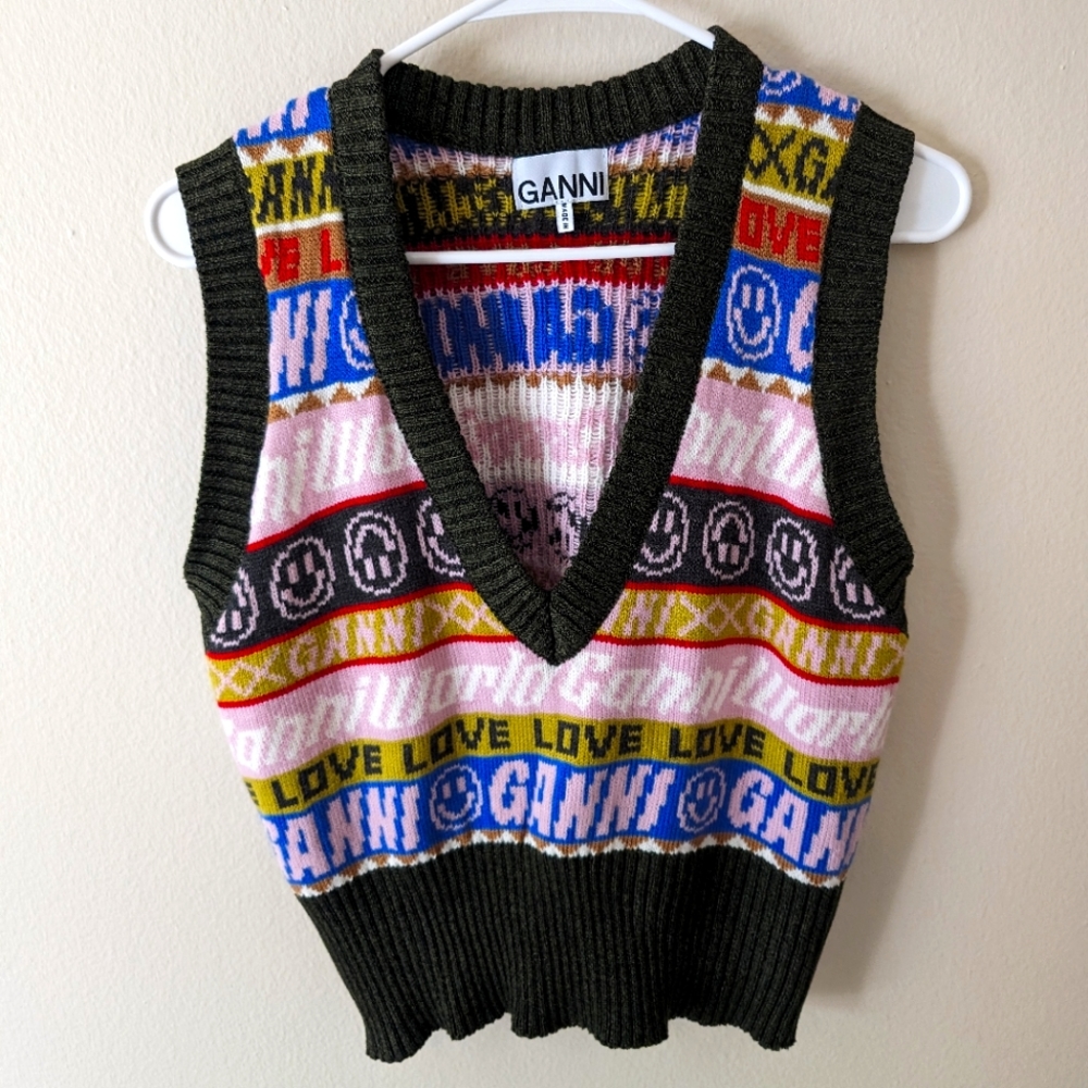 Ganni green and pink intarsia knit vest